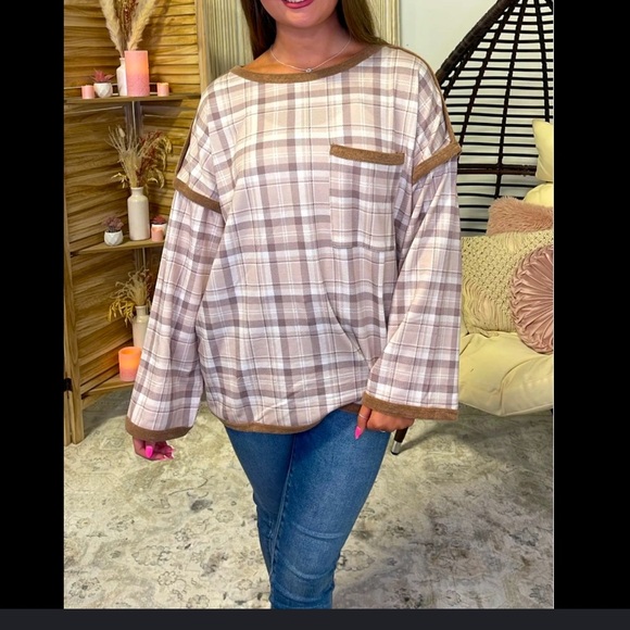 BiBi Tops - BiBi shirt - tan/white plaid long sleeve oversized popover super soft
